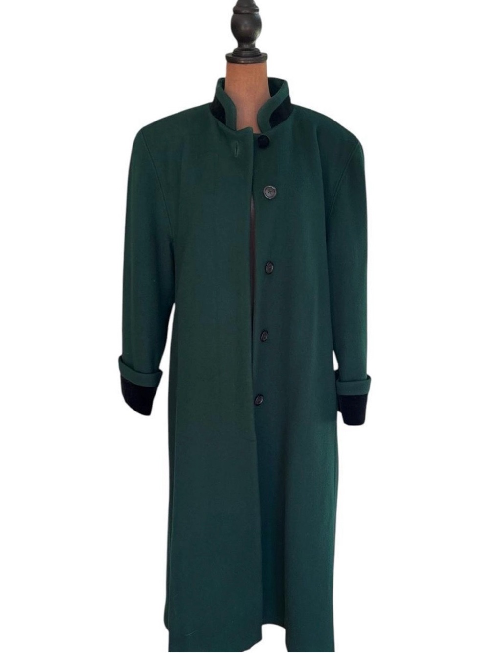 1980s vintage Forest Green Stand Collar Coat by Larry Levy — Size 10 Petite